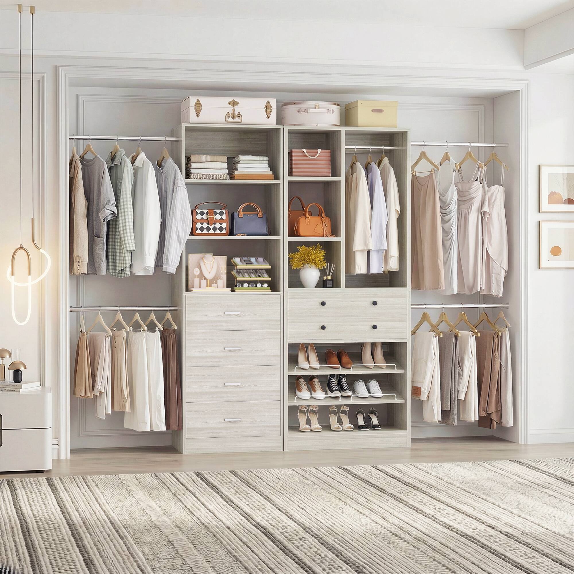 Left. Aheaplus - 49''-127'' Adjustable Closet Organizer System with 6 Drawers, 4 Hanging Rods, and Shelves - Beige Oak.