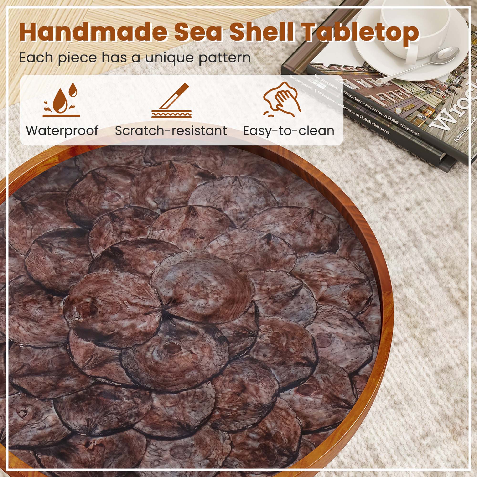 Handmade Sea Shell Tabletop  
Each piece has a unique pattern  

Waterproof  
Scratch-resistant  
Easy-to-clean