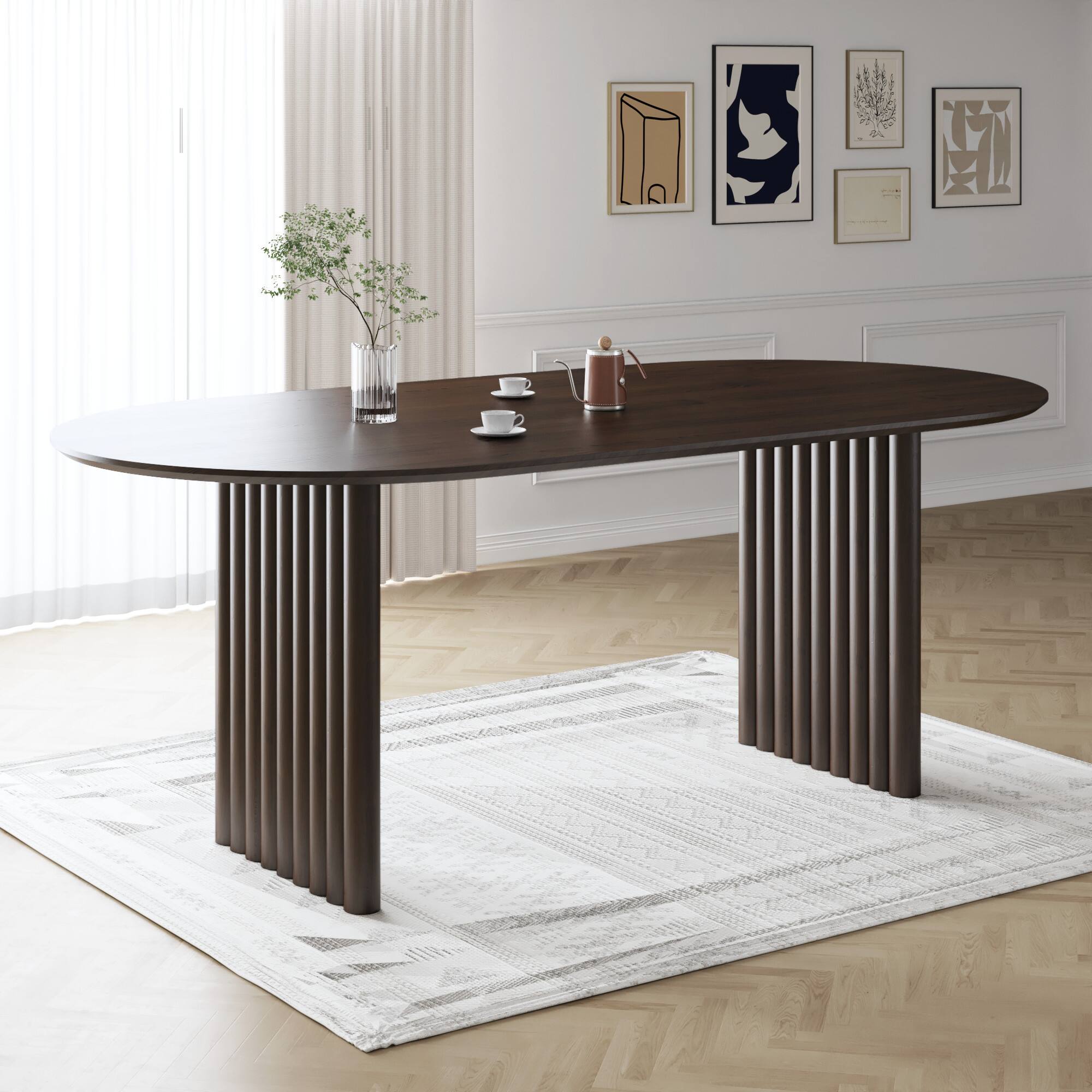 Left. Lirago - 79" Solid Wood Oval Dining Table with Double Pedestal Large Kitchen Table Seats 6-8 or More for Dining Room - Walnut.