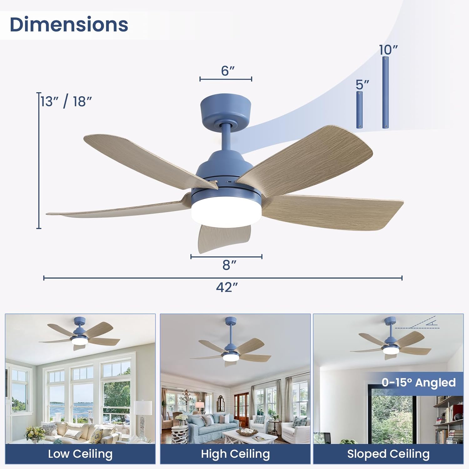 Dimensions  
13" / 18"  
6"  
8"  
10"  
5"  
42"  
0-15° Angled  
Low Ceiling  
High Ceiling  
Sloped Ceiling