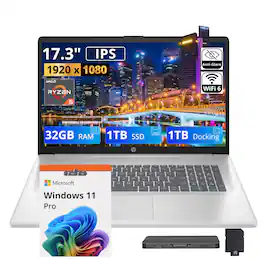 HP - Upgraded - 17.3" Diagonal FHD Laptop,Ryzen 5 7430U,32GB RAM,1TB SSD+1TB Dock Set,Numeric keypad,HD Camera,Win 11 Pro - Silver