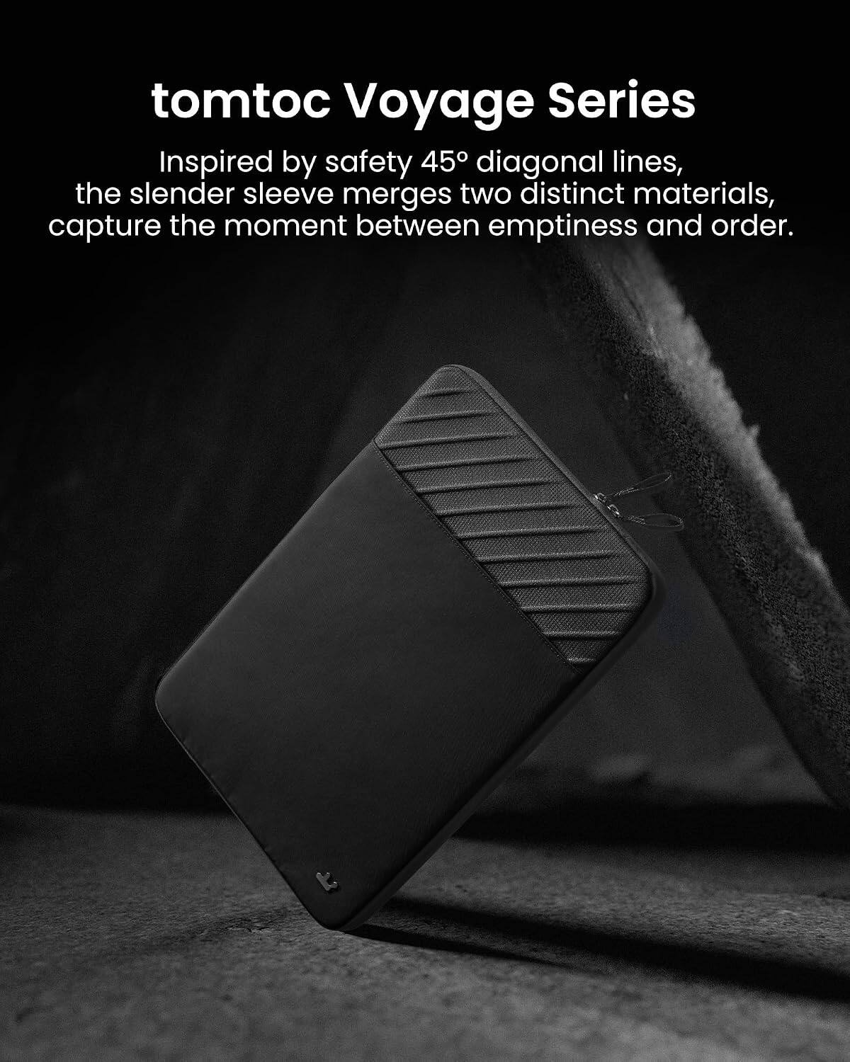 tomtoc Voyage Series

Inspired by safety 45° diagonal lines, the slender sleeve merges two distinct materials, capturing the moment between emptiness and order.