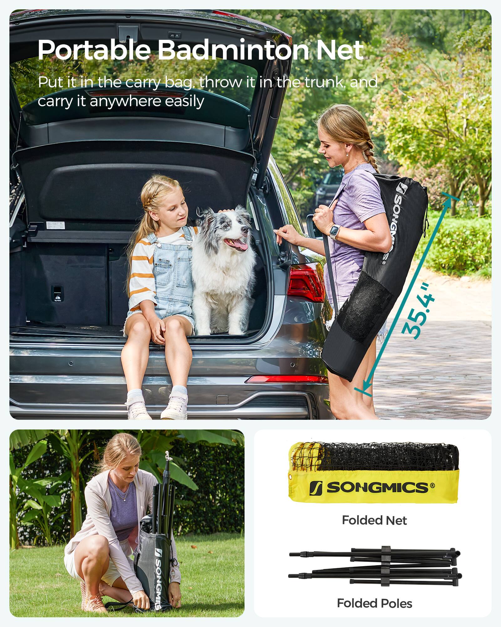 Portable Badminton Net  
Put it in the carry bag, throw it in the trunk, and carry it anywhere easily  

35.4" SONGMICS Folded Net  
SONGMICS Folded Poles