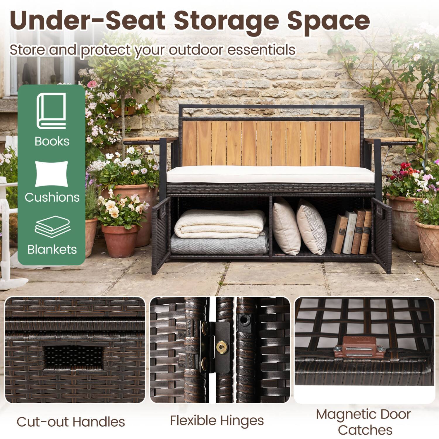 Under-Seat Storage Space  
Store and protect your outdoor essentials

- Books
- Cushions
- Blankets

Cut-out Handles  
Flexible Hinges  
Magnetic Door Catches