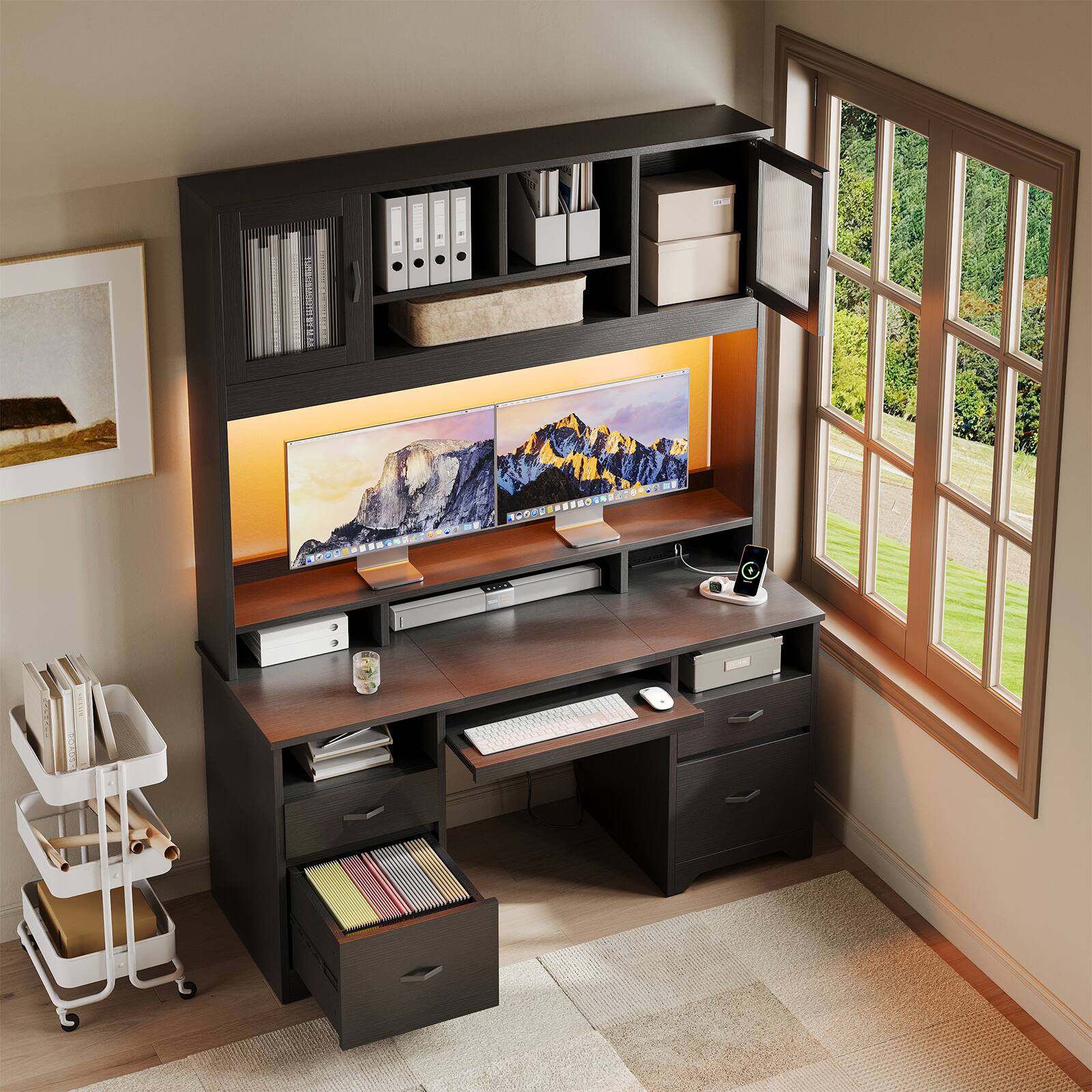 Alt View 1. Bestier - 59-inch Computer Desk with Hutch, Charging Station, Fluted Storage Cabinet and Keyboard Tray - Black.