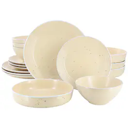 Elama - Emilia 16 Piece Double Bowl Stoneware Dinnerware Set - Cream Yellow
