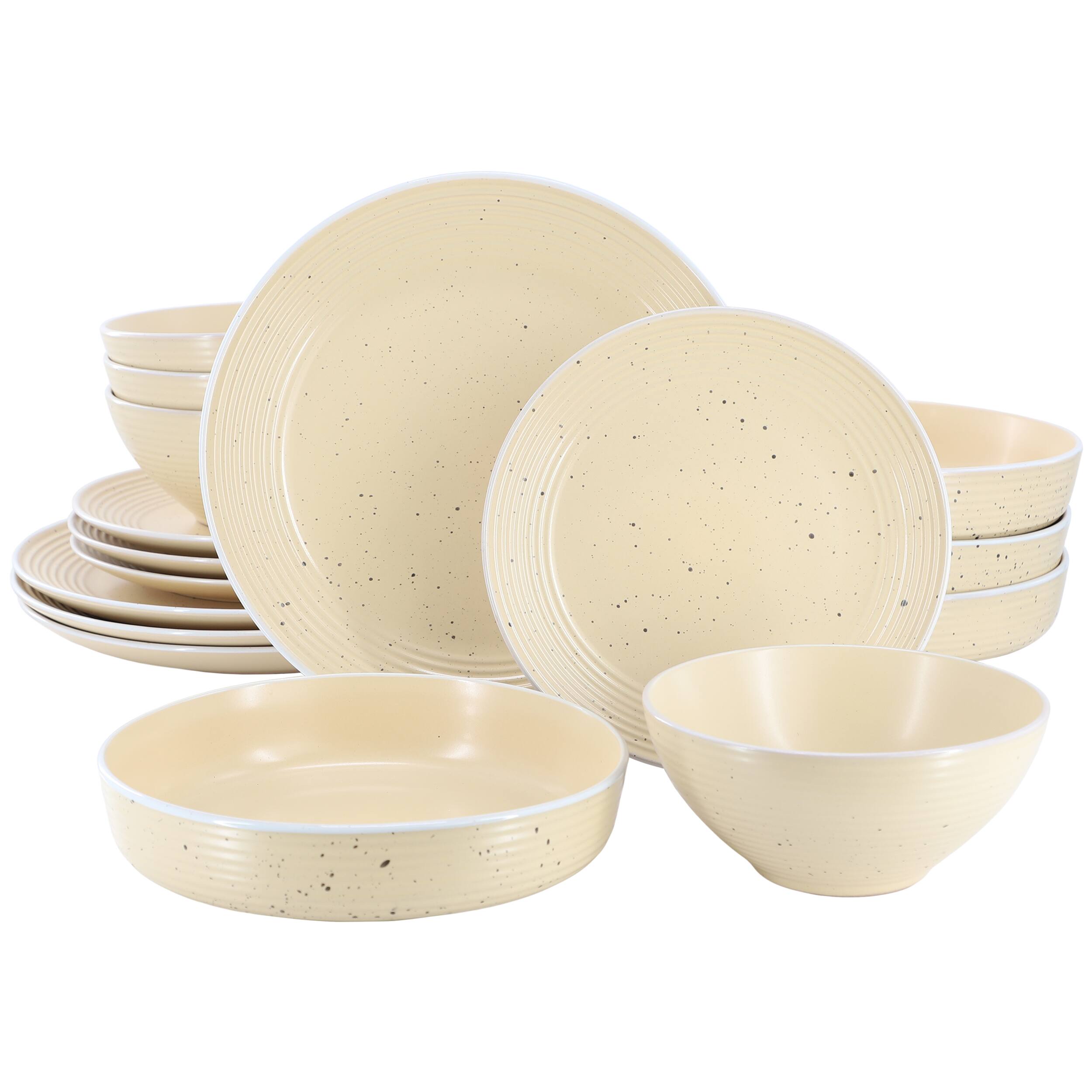 Front. Elama - Elama Emilia 16 Piece Double Bowl Stoneware Dinnerware Set in Cream Yellow - Cream Yellow.