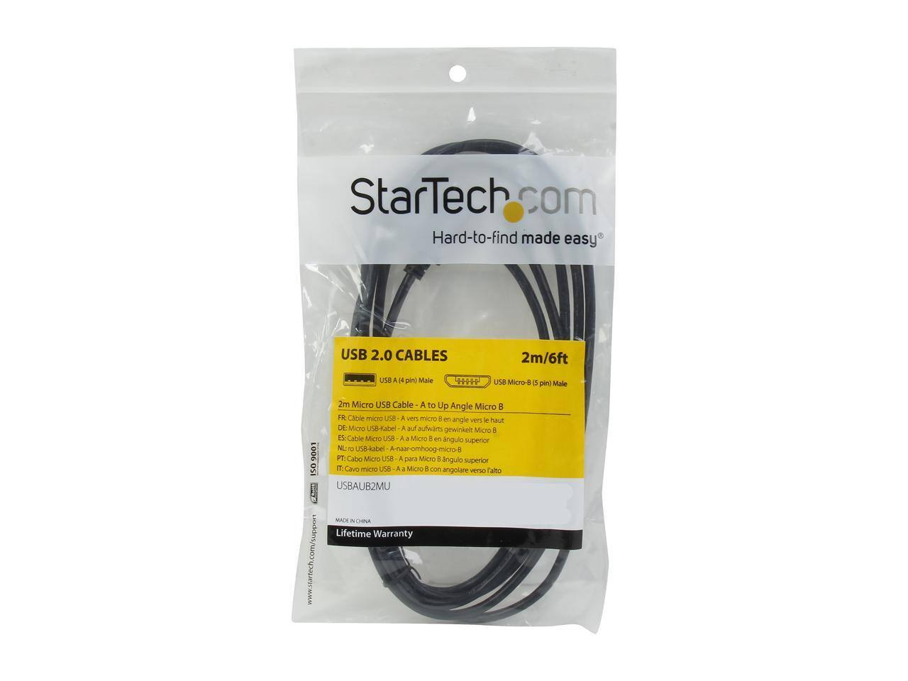 StarTech.com  
Hard-to-find made easy  

USB 2.0 CABLES  
2m/6ft  

USB A (4 pin) Male  
USB Micro-B (5 pin) Male  

2m Micro USB Cable A to Up Angle Micro B  
FR: Câble micro USB A - vers micro B en angle vers le haut  
DE: Micro USB-Kabel A aufwärts gewinkelt Micro B  
ES: Cable Micro USB A - a Micro B en ángulo superior  
NL: USB-kabel A-naar-omhoog-micro-B  
PT: Cabo Micro USB A - para Micro B em ângulo superior  
IT: Cavo micro USB A - a Micro B con angolare verso alto  

USBAUB2MU  

Lifetime Warranty  
www.startech.com/support  

MADE IN CHINA