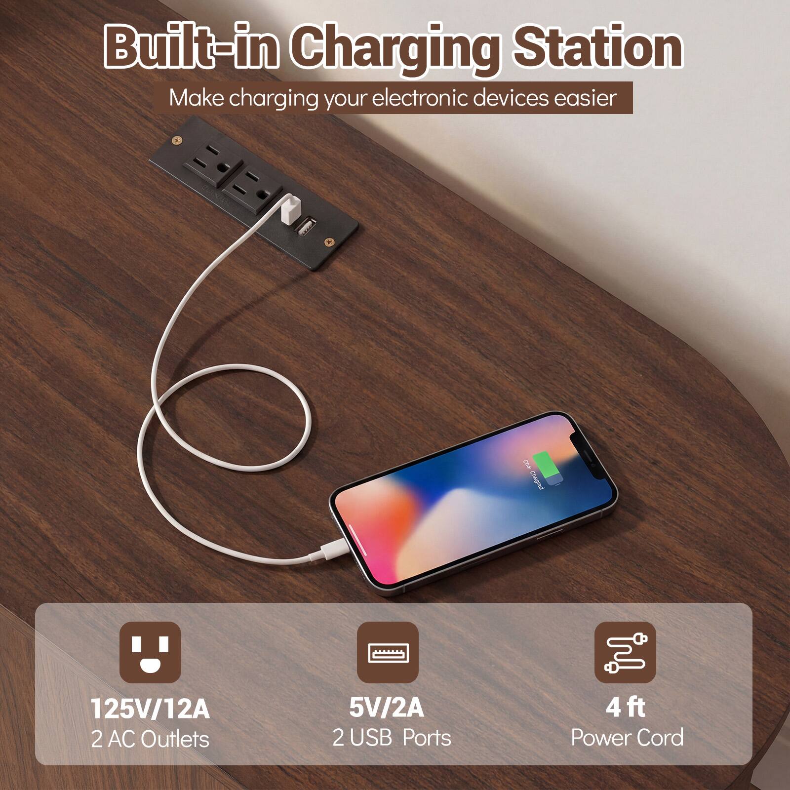 Built-in Charging Station  
Make charging your electronic devices easier  

125V/12A  
2 AC Outlets  
5V/2A  
2 USB Ports  
4 ft Power Cord