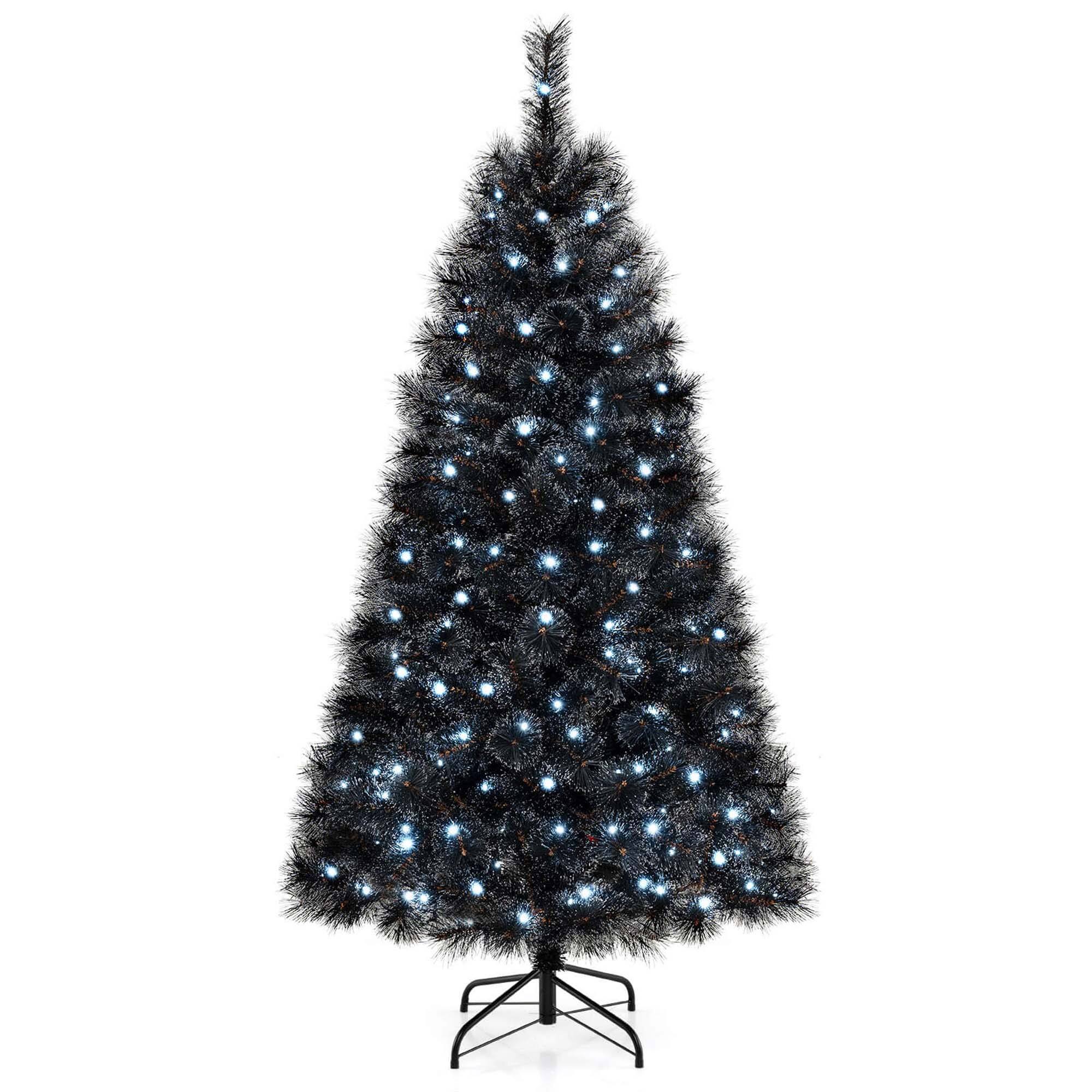 Costway - 6 FT Halloween Tree with 362 Branch Tips Frosted Pine Needles 210 White LED Lights - Black