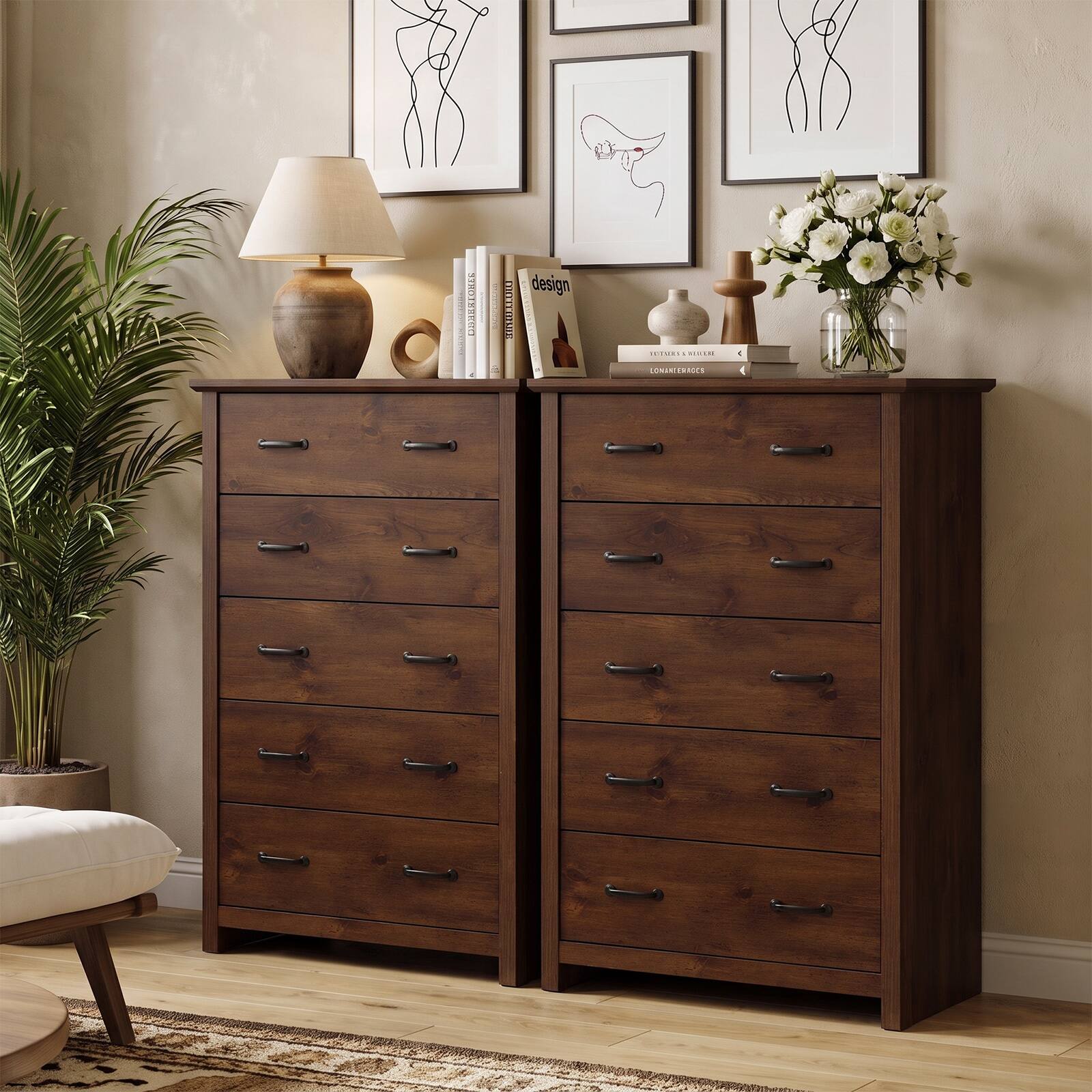 bedroom dresser cabinet design Tall Storage with 5 Pull-out Drawers for Living Room-Walnut Color:Fluorescent Green OYOANGLE Women's Maternity Outfits womens-clothing-dresses Storage cabinet tilting design provides a