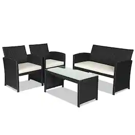 Pefilos - 4 Piece Outdoor Patio Furniture Sets Wicker Conversation Sets, Rattan Sofa Chair with Cushion for Backyard Lawn Garden - Black
