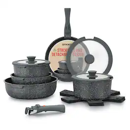Bakken- Swiss - Pots and Pans Set Non Stick Ceramic-Granite – 15-Piece Cookware with Detachable Handles, Stackable Space-Saving, Dishwas - Black Granite