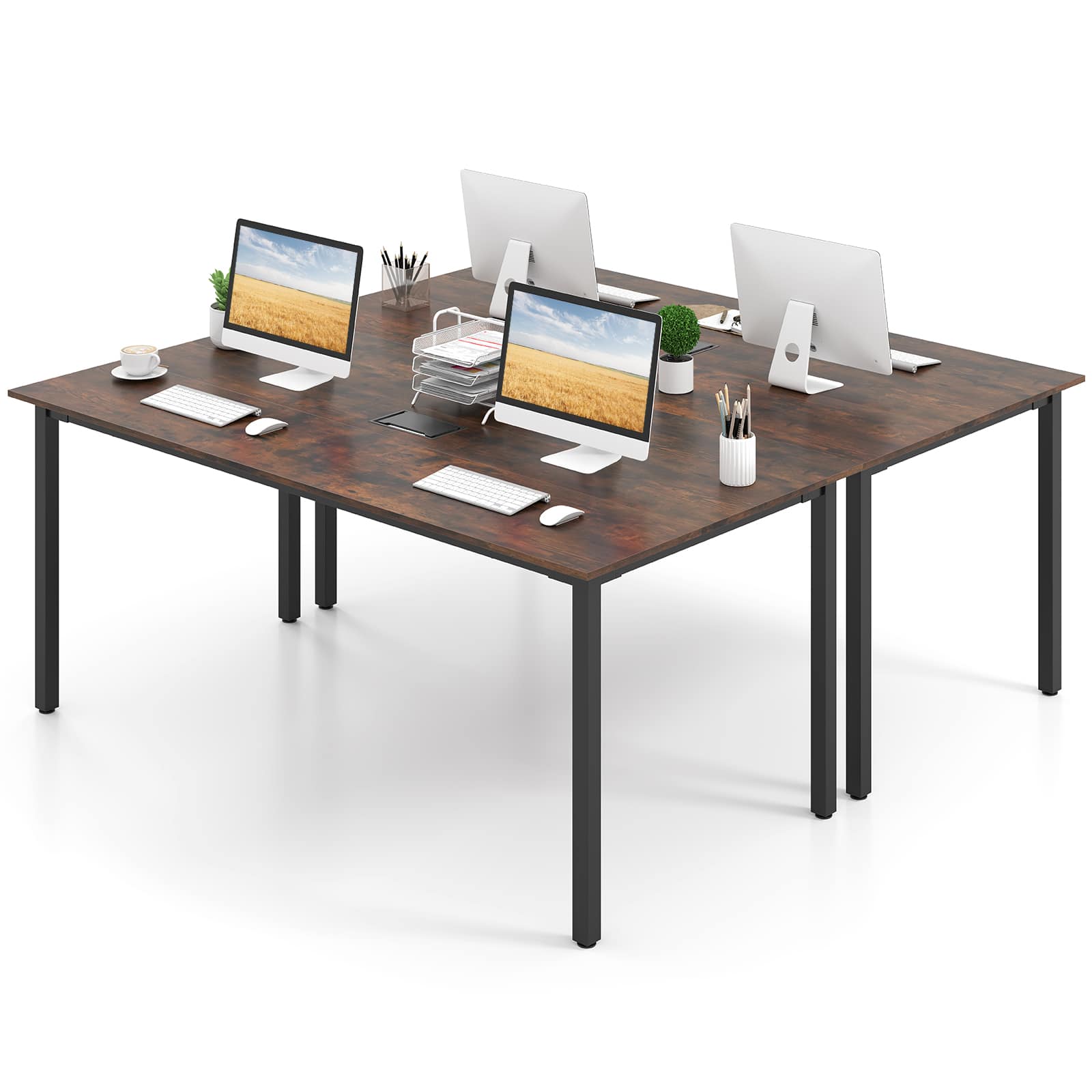 Gymax - 2PCS Large Office Table w/ Cable Grommet Sturdy Metal Legs for Boardroom - Rustic Brown, Black