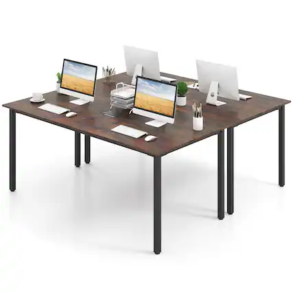 Front. Gymax - Gymax 2PCS Large Office Table w/ Cable Grommet Sturdy Metal Legs for Boardroom - Rustic Brown, Black.