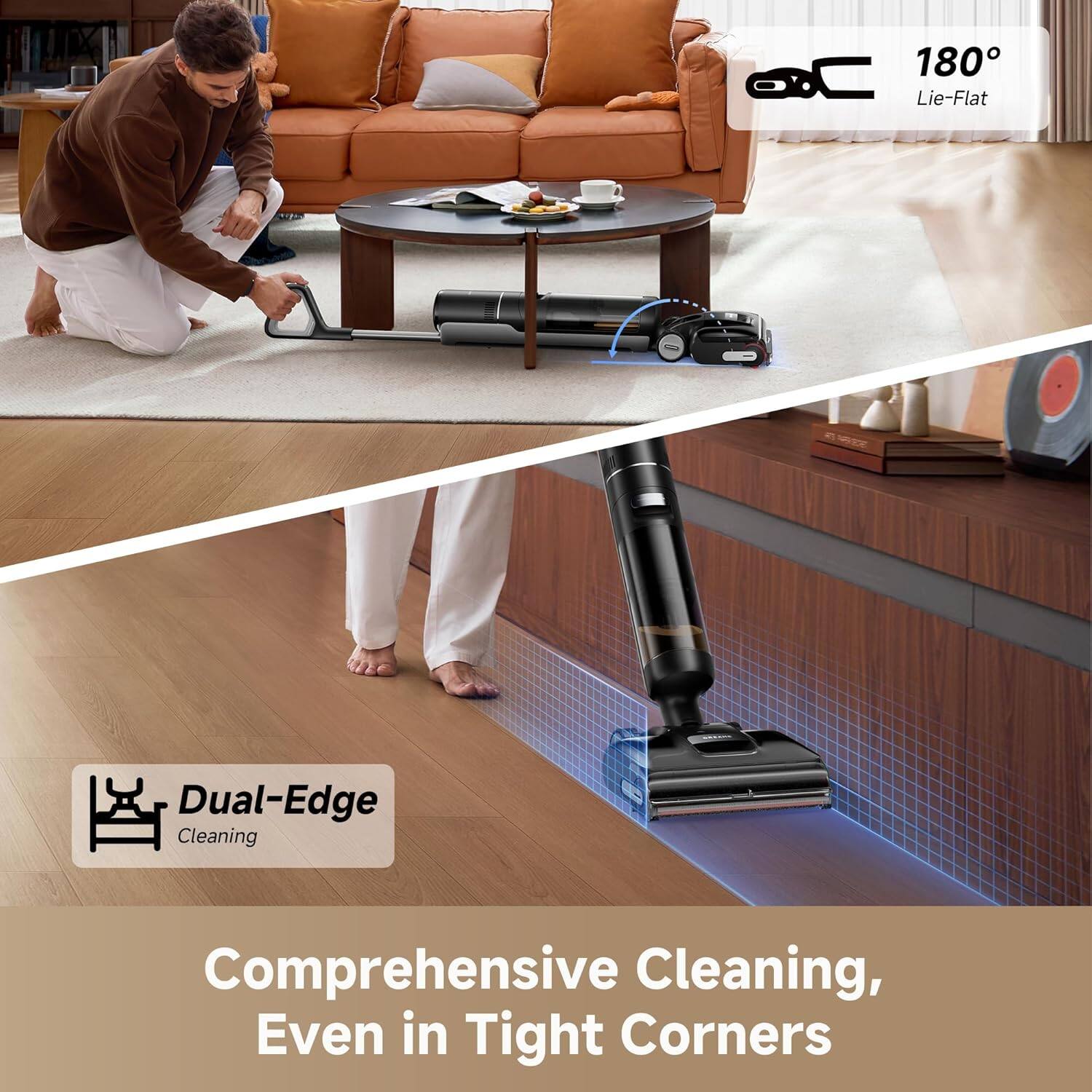 180° Lie-Flat Dual-Edge Cleaning Comprehensive Cleaning, Even in Tight Corners