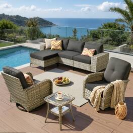 Ovios - 7 PCS Patio Furniture Set, Rattan Sectional Sofa with Swivel Chair, Ottoman & Side Table - Black