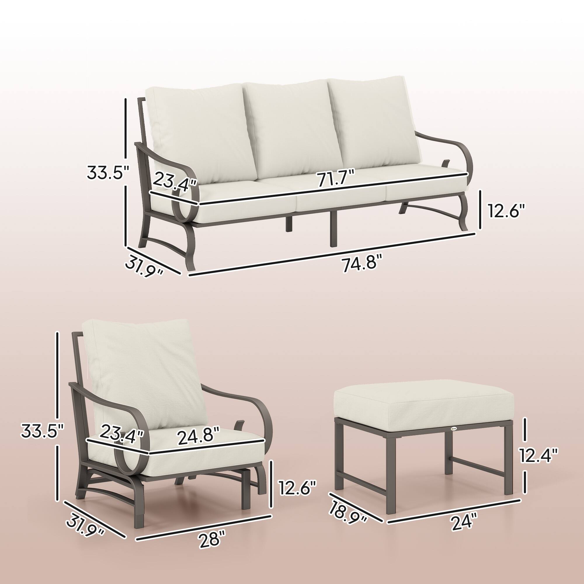 Sofa: 33.5", 23.4", 71.7", 12.6", 31.9", 74.8"

Armchair: 33.5", 23.4", 24.8", 28"

Ottoman: 12.6", 18.9", 24", 12.4"