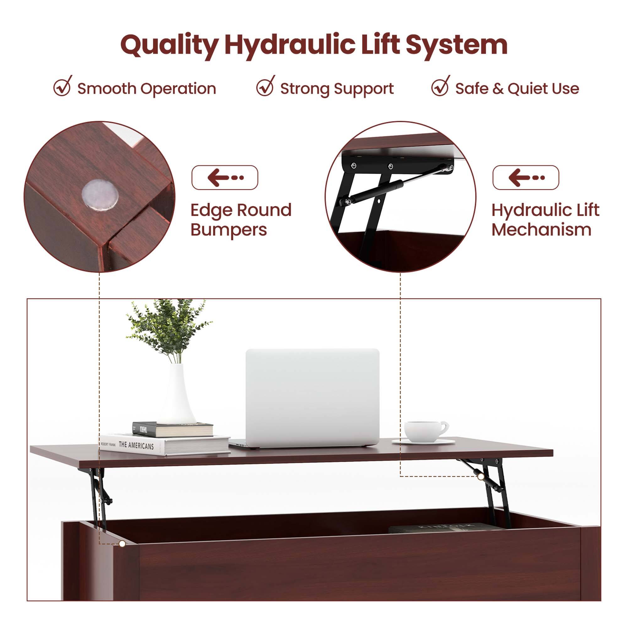 Quality Hydraulic Lift System: Smooth Operation, Strong Support, Safe & Quiet Use. Edge Round Bumpers, Hydraulic Lift Mechanism.