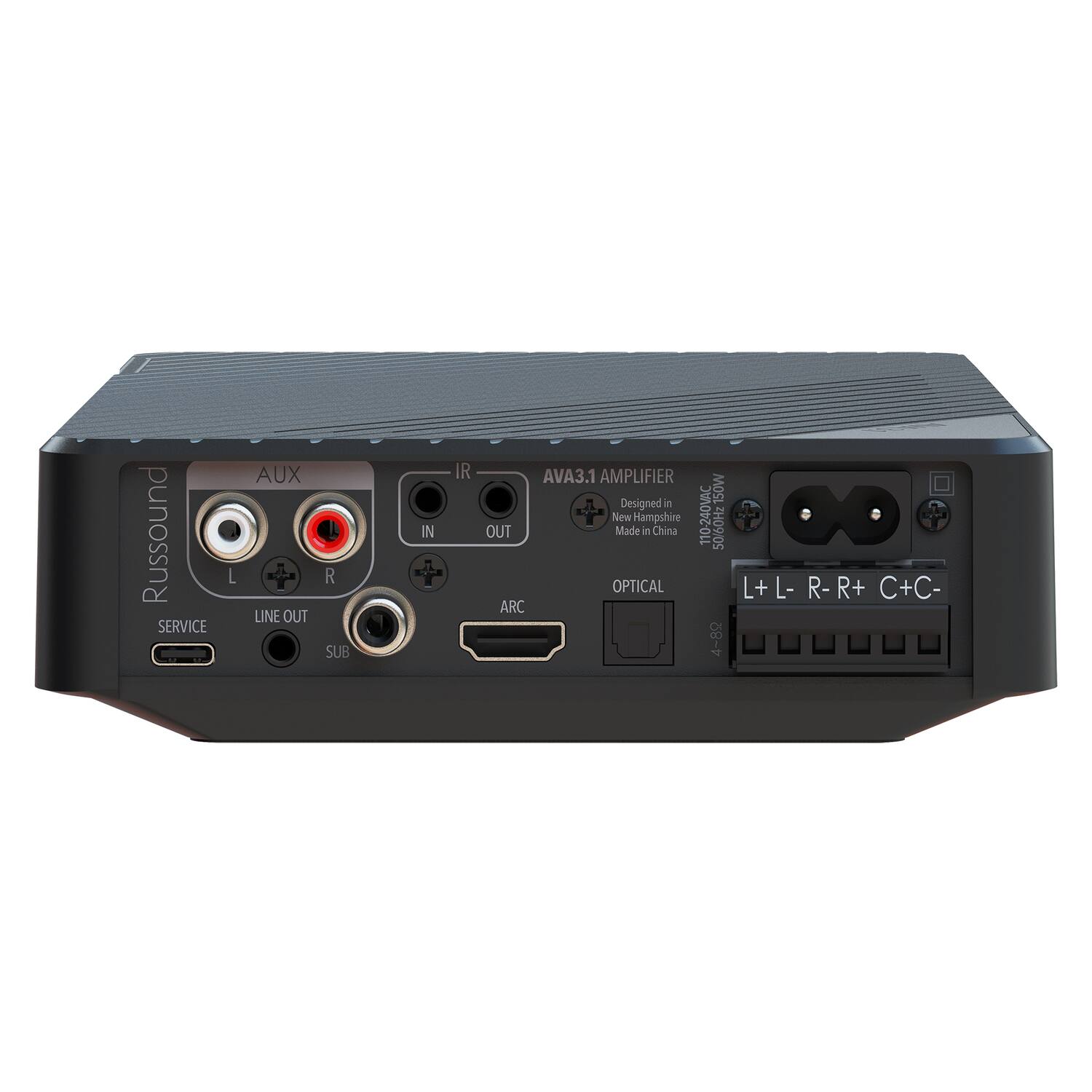 Russound AVA3.1 AMPLIFIER  
150W  
Designed in New Hampshire  
Made in China  
110-240VAC 50/60Hz  
OPTICAL  
ARC  
AUX  
LINE OUT  
SUB IN  
IR IN  
IR OUT  
SERVICE  
L+ L- R+ R- C+C-