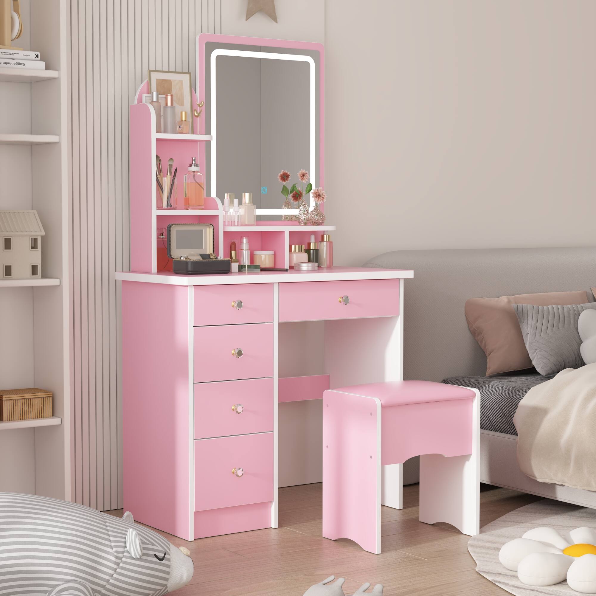 Alt View 8. Famapy - Vanity Table with LED Mirror Storage Dresser Drawers & Stool – Makeup Organizer for Bedroom - Pink.
