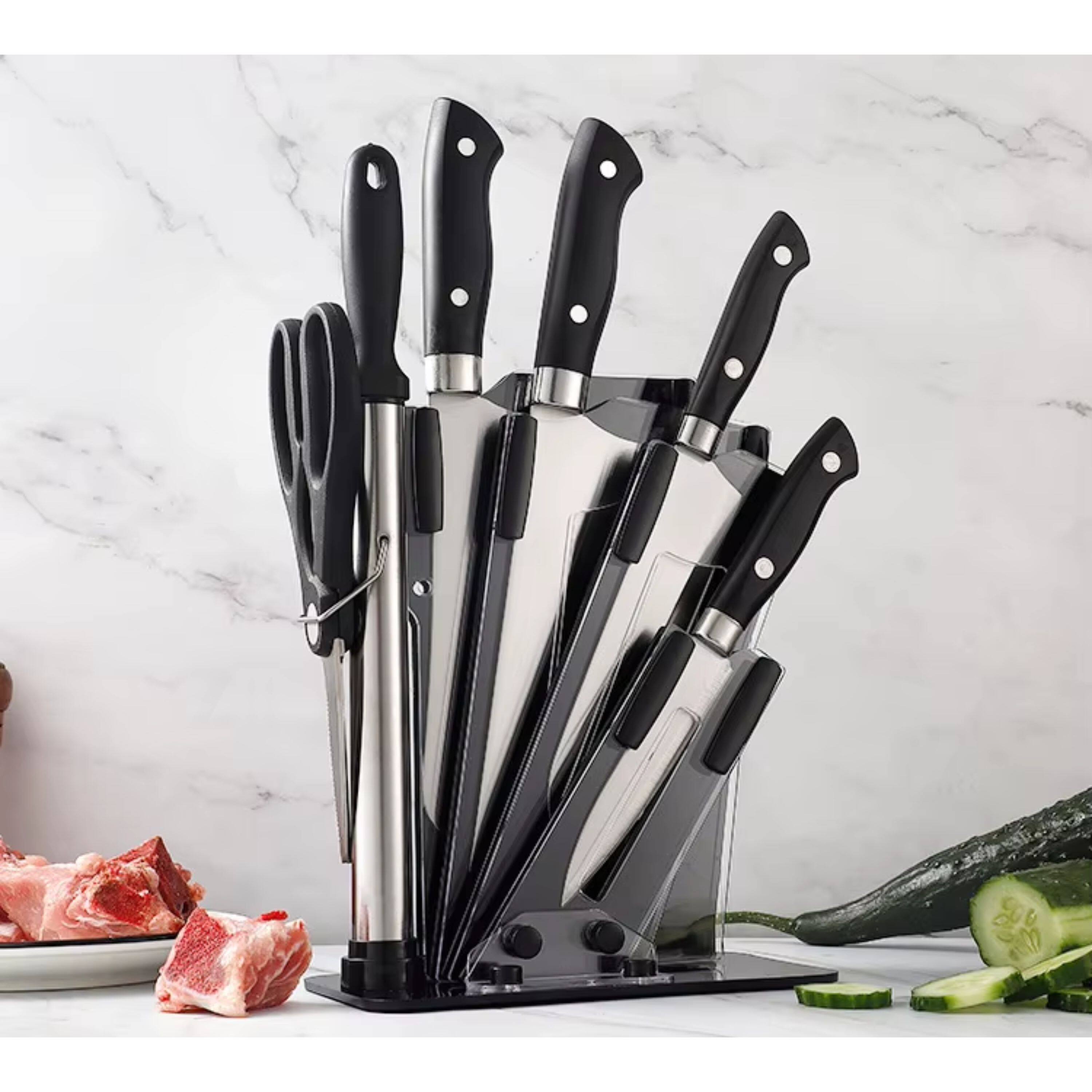Left. Kitcheniva - 7-Piece Stainless Steel Knife Set with Plastic Block and Handle.