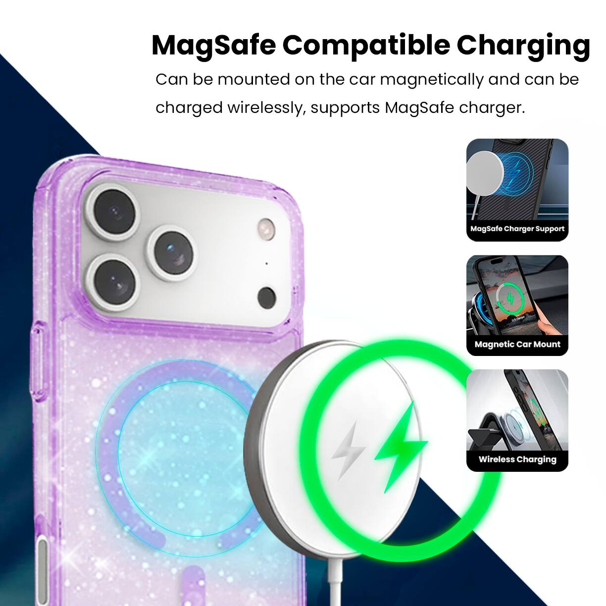 MagSafe Compatible Charging

Can be mounted on the car magnetically and can be charged wirelessly, supports MagSafe charger.

- MagSafe Charger Support
- Magnetic Car Mount
- Wireless Charging