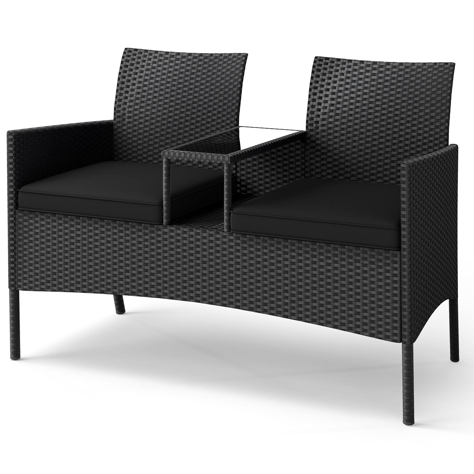 Alt View 9. Costway - Costway Patio Loveseat with Built-in Table Soft Cushions & Tempered Glass Tabletop - Black + Black.