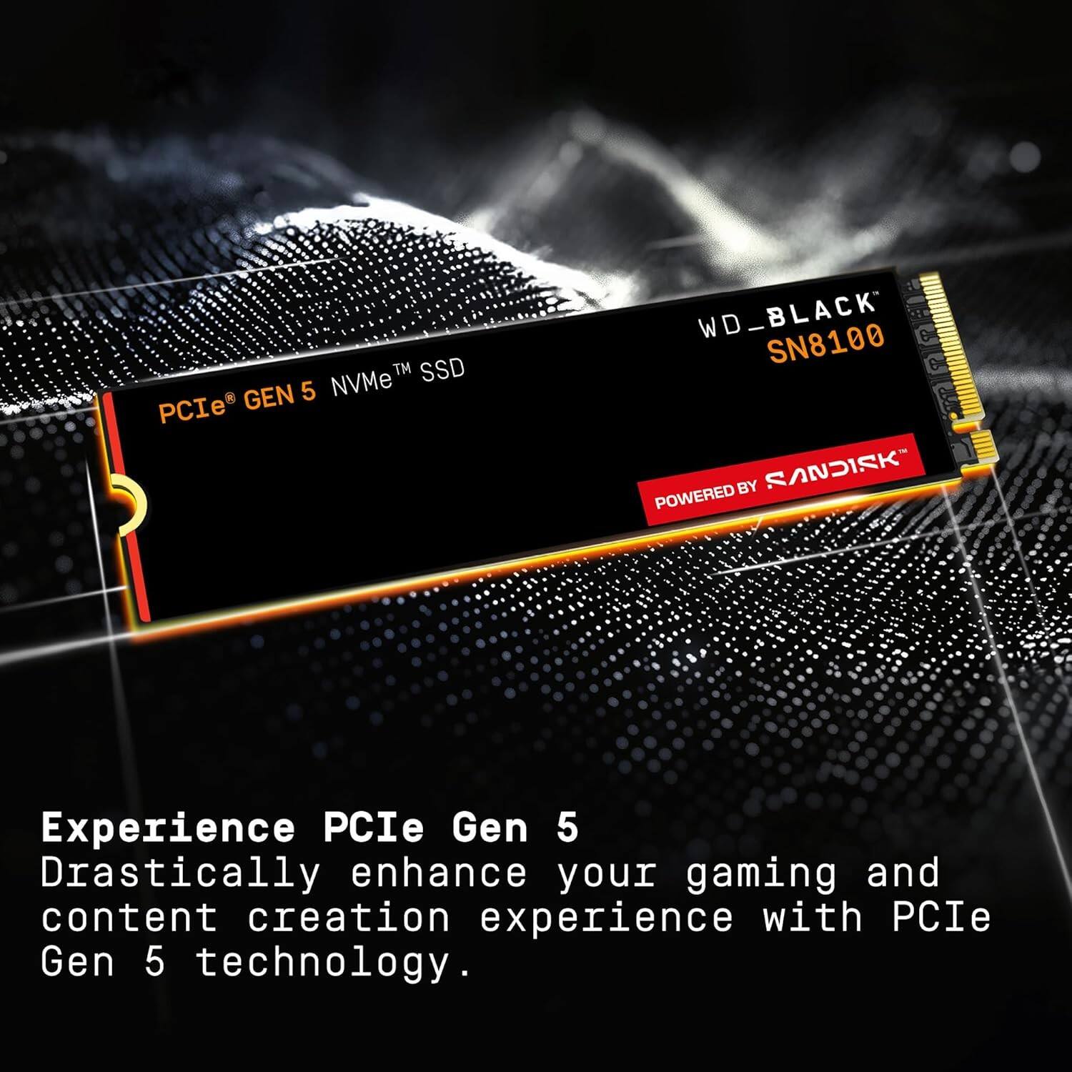 WD_BLACK SN8100  
PCIe® GEN 5 NVMe™ SSD  
POWERED BY SANDISK™  

Experience PCIe Gen 5  
Drastically enhance your gaming and content creation experience with PCIe Gen 5 technology.