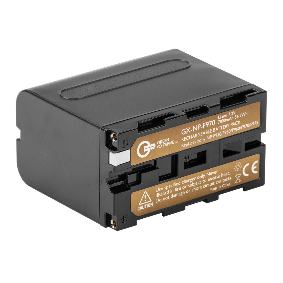 Li-ion 7.2V 56.2Wh 7800mAh PACK GX-NP-F970 RECHARGEABLE NP-F930/F950/F960/F970/F975 BATTERY GREEN Sony G- EXTREME Replaces only. Never heat. CE charger to excess contacts. specified or subject short circuit in China Use in fire or Made discard damage ! Do not CAUTION