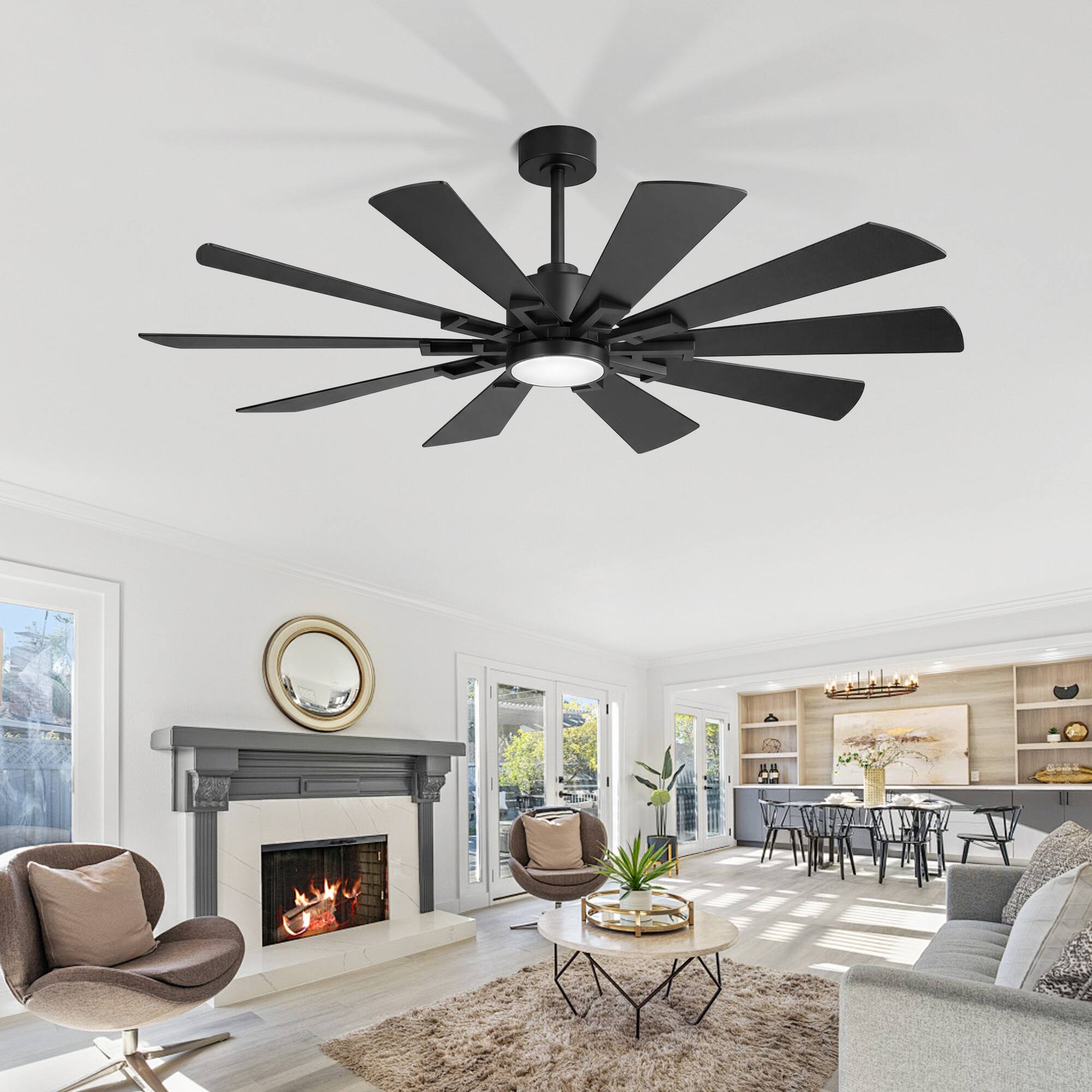 Alt View 1. Breezary - 62-Inch Modern Ceiling Fan with 10 Plywood Blades, DC Motor, 6-Speed Remote, 3-Color Dimmable LED Light, Dual Downrods - Matte Black.