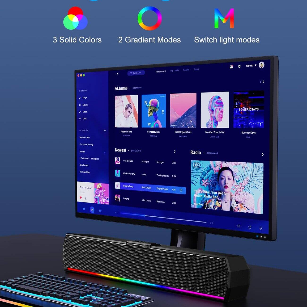 3 Solid Colors  
2 Gradient Modes  
Switch light modes  

Albums  
- Frozen in Time  
- N  
- Great Expectations  
- You Can Trust Me  
- Summer Days  

Newest  
- What You Get for Gettin' Outta Bed  

Radio  
- What You Get for Gettin' Outta Bed