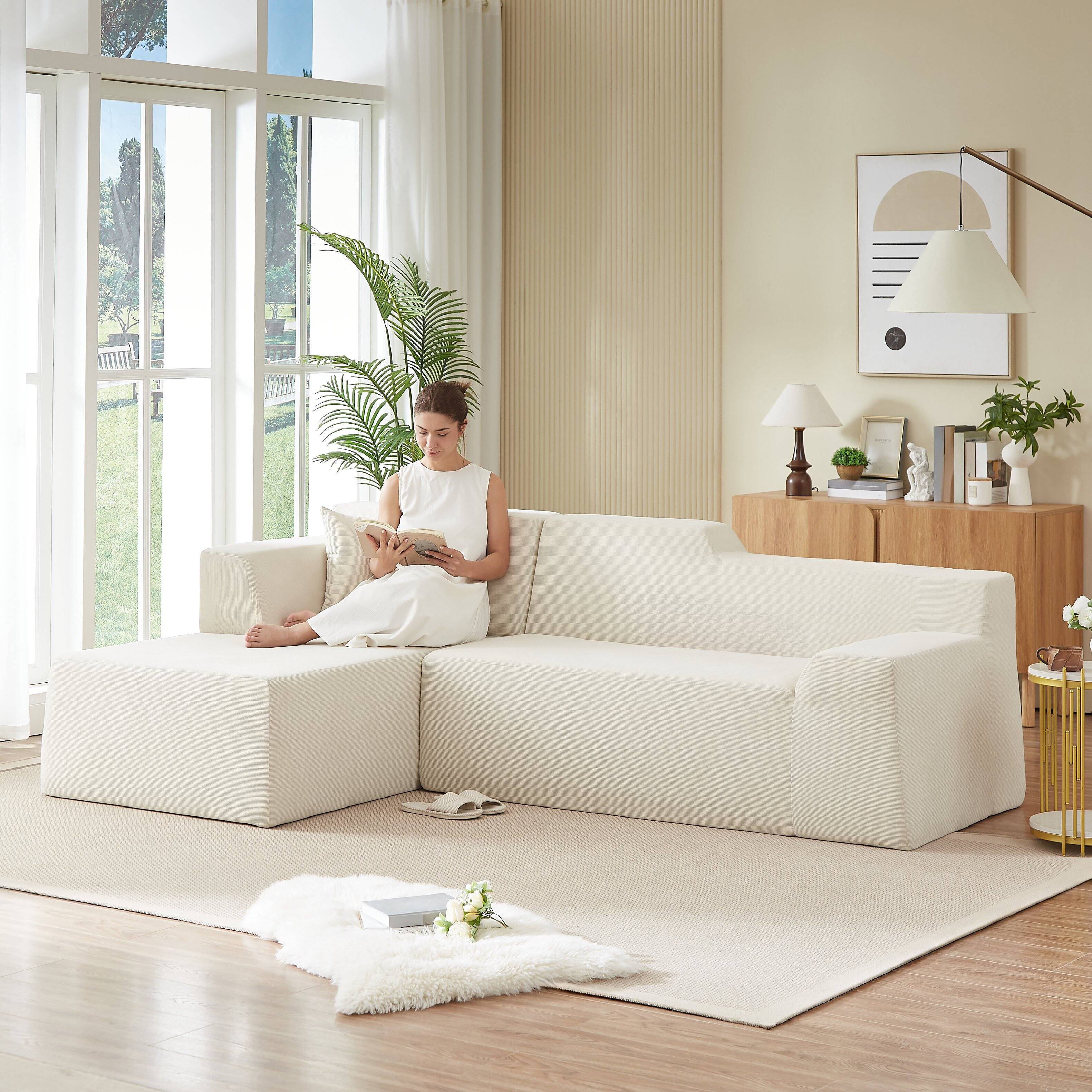 Back. Anysun - Anysun L-Shaped Design Left-Facing Modern Minimalist Corduroy High Raised Thickened Back Sofa - Beige.