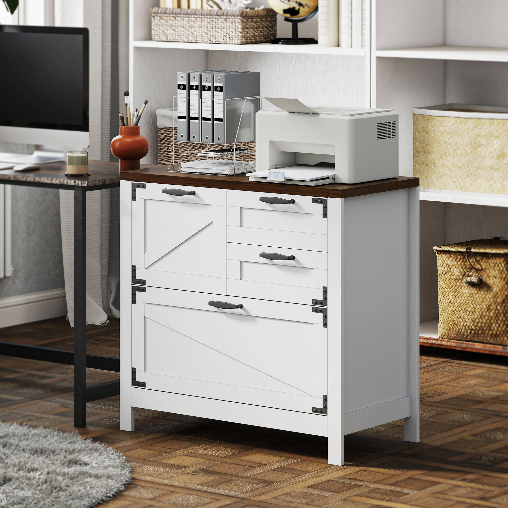 Alt View 1. Homcom - Filing Cabinet, Farmhouse File Cabinet with 4 Drawers - White.