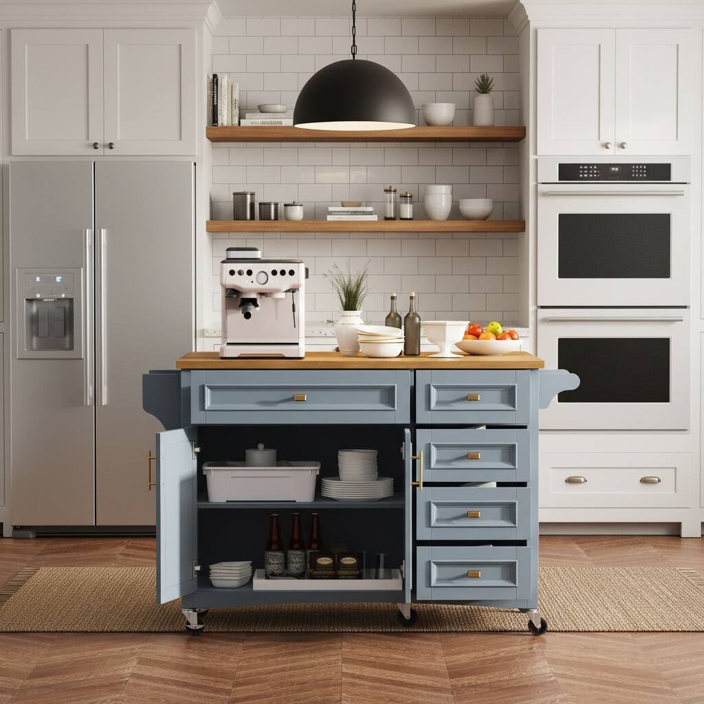 Left. Forest'nSky - 52" Kitchen Island with Drop Leaf – Embossed Texture Cart on Wheels, 5 Drawers, 2 Doors, Spice & Towel Racks, Blue Grey - Blue Grey.