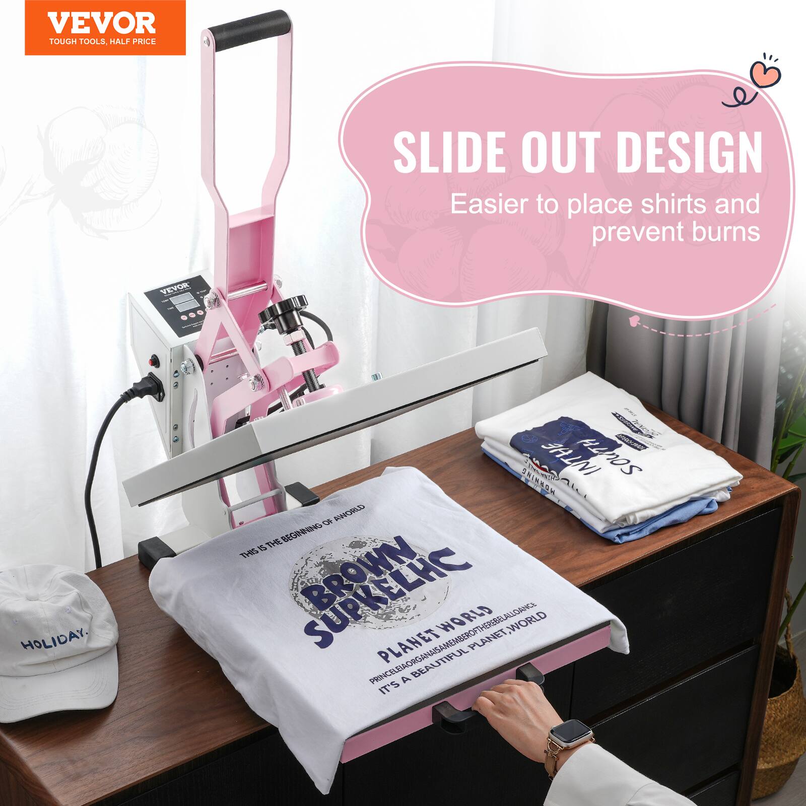 VEVOR TOUGH TOOLS, HALF PRICE

SLIDE OUT DESIGN
Easier to place shirts and prevent burns

VEVOR

HOLIDAY.

THE BEGINNING OF A WORLD IS THE BEGINNING OF A BEAUTIFUL WORLD, A BEAUTIFUL WORLD, WORLD PLANET, WORLD