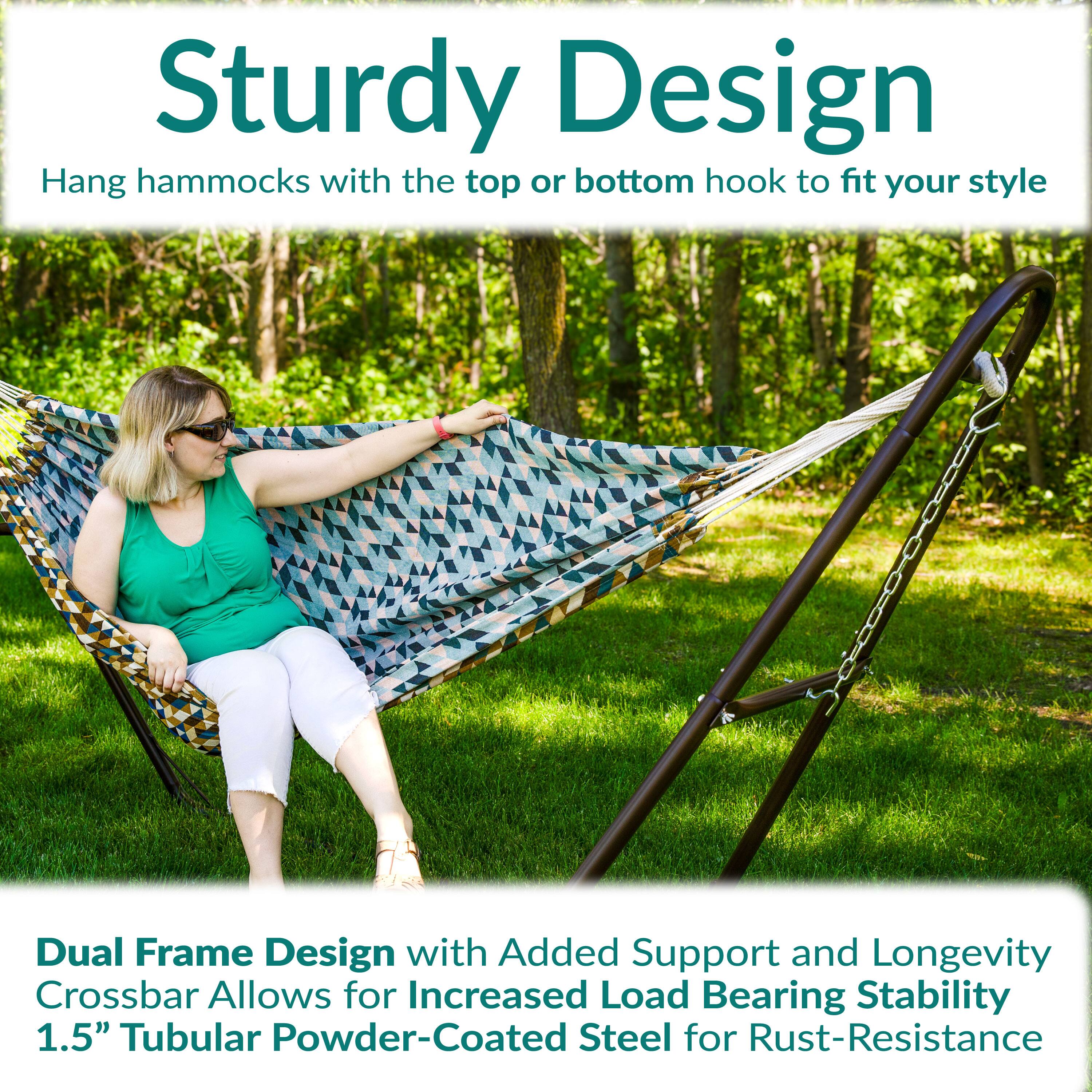 Sturdy Design  
Hang hammocks with the top or bottom hook to fit your style  

Dual Frame Design with Added Support and Longevity  
Crossbar Allows for Increased Load Bearing Stability  
1.5" Tubular Powder-Coated Steel for Rust-Resistance