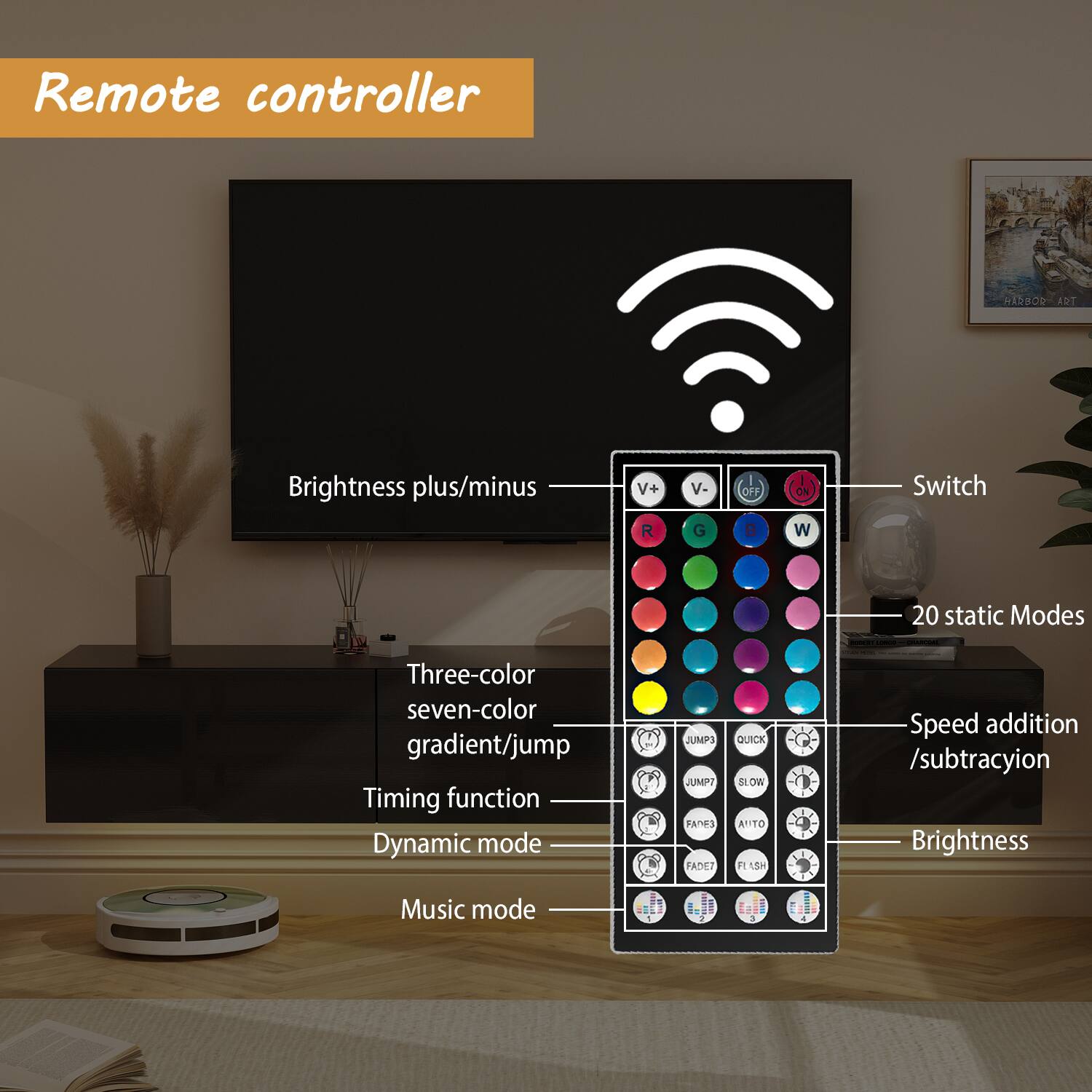 Remote controller:

* Brightness plus/minus: V+, V-
* Switch: ON, OFF
* 20 static modes: Three-color, seven-color, gradient/jump, timing function, dynamic mode, jumps, jumps, fanes, padet, quick, AIITO, F1, SM, speed addition/subtraction, brightness, music mode.