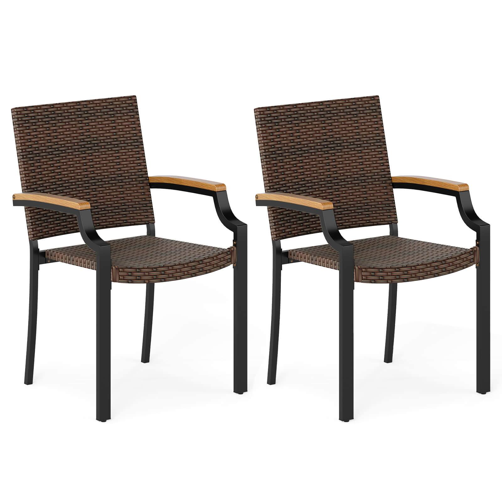 Costway - Stacking Wicker Chairs Set of 2 with Acacia Wood Armrests & Metal Frame, Outdoor - Dark brown