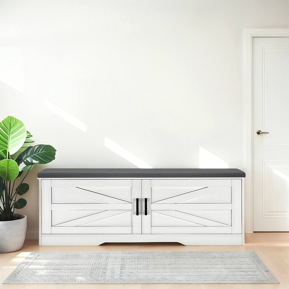 Alt View 3. Ropilly - Ropilly White Farmhouse Shoe Bench with Padded Seat Cushion and Barn Doors Storage Entryway Bench - White.