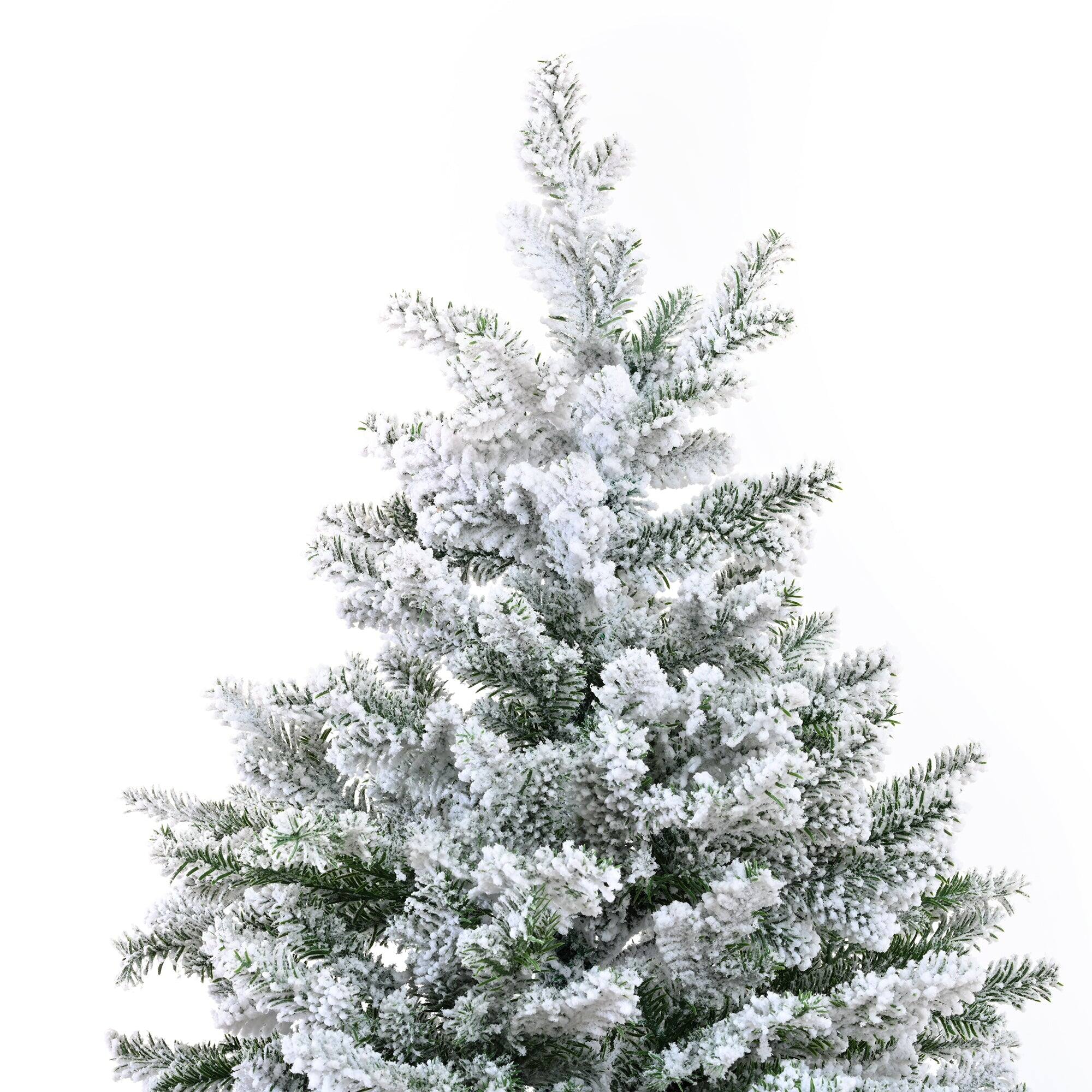 Back. BreeBe - Premium 7FT Snow Flocked Hinged Artificial Christmas Tree with Fluffy Branches and White Snow Tips - White.
