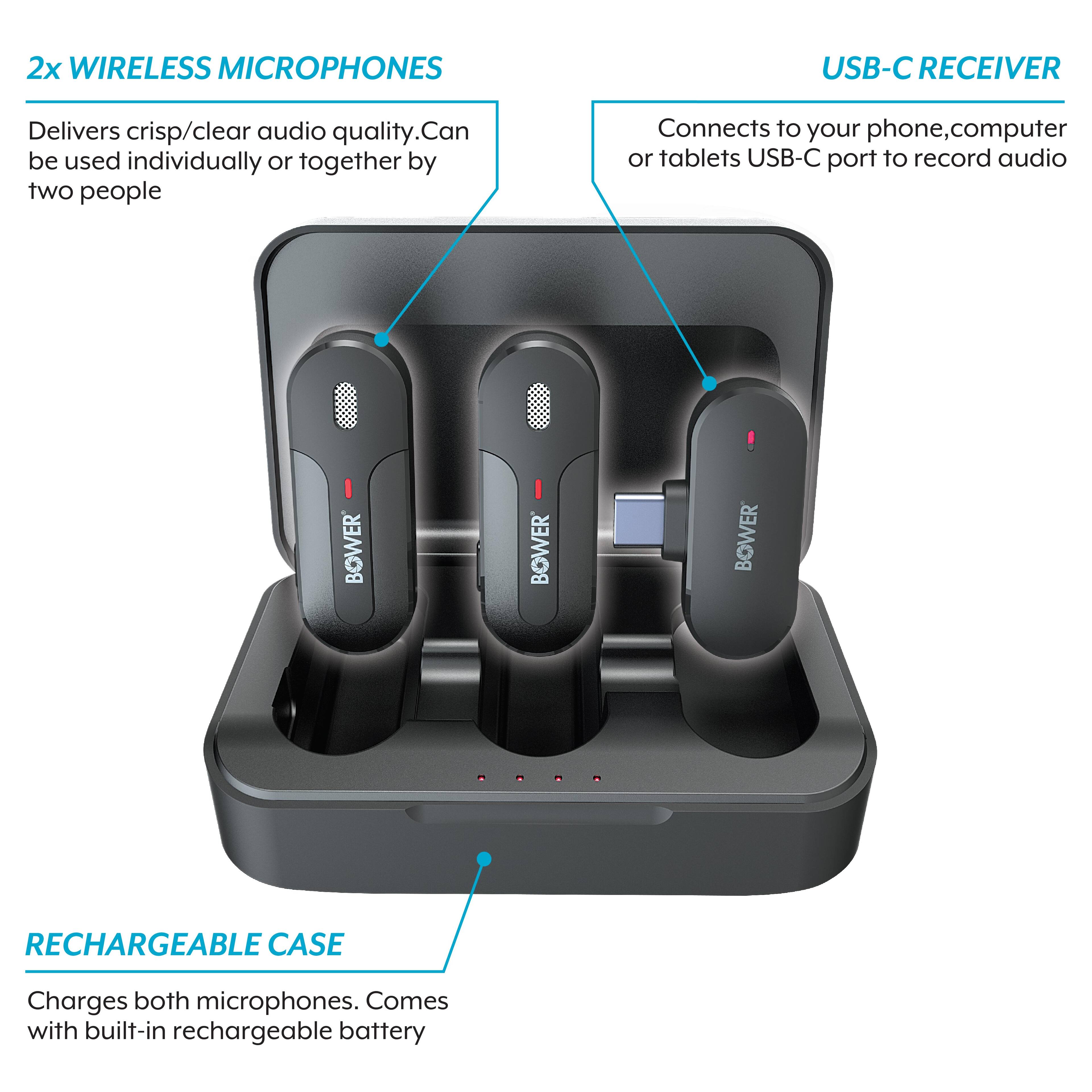 2x WIRELESS MICROPHONES  
Delivers crisp/clear audio quality. Can be used individually or together by two people  

USB-C RECEIVER  
Connects to your phone, computer or tablets USB-C port to record audio  

RECHARGEABLE CASE  
Charges both microphones. Comes with built-in rechargeable battery