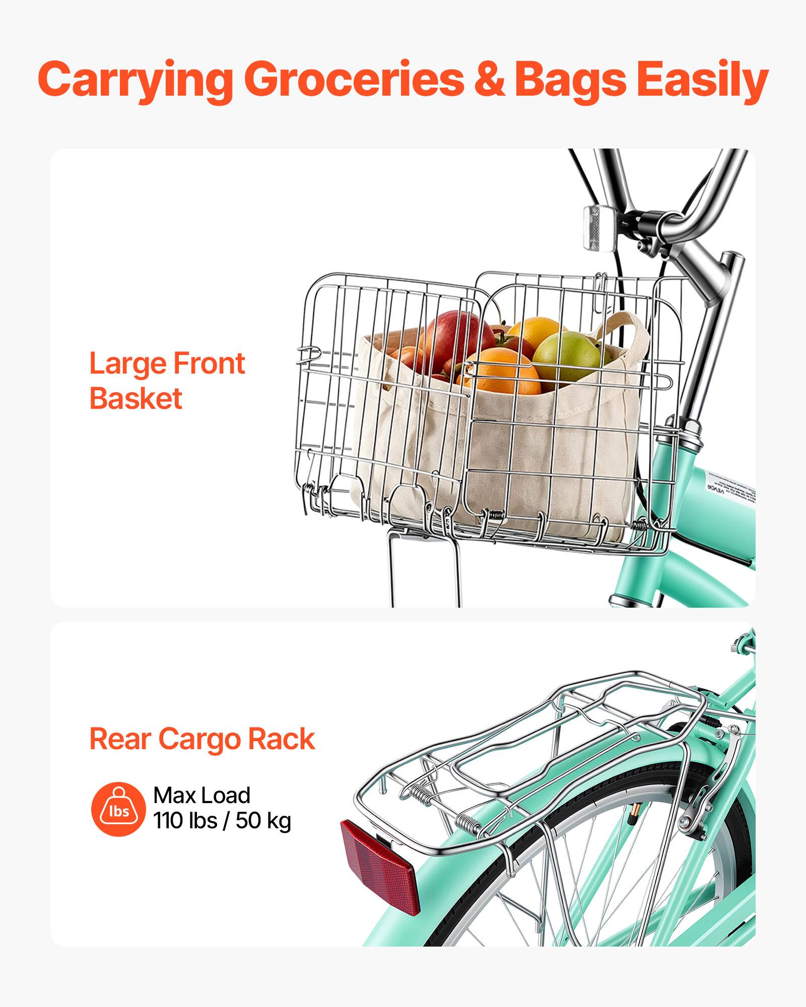 Carrying Groceries & Bags Easily  
Large Front Basket  
Rear Cargo Rack  
Max Load: 110 lbs / 50 kg