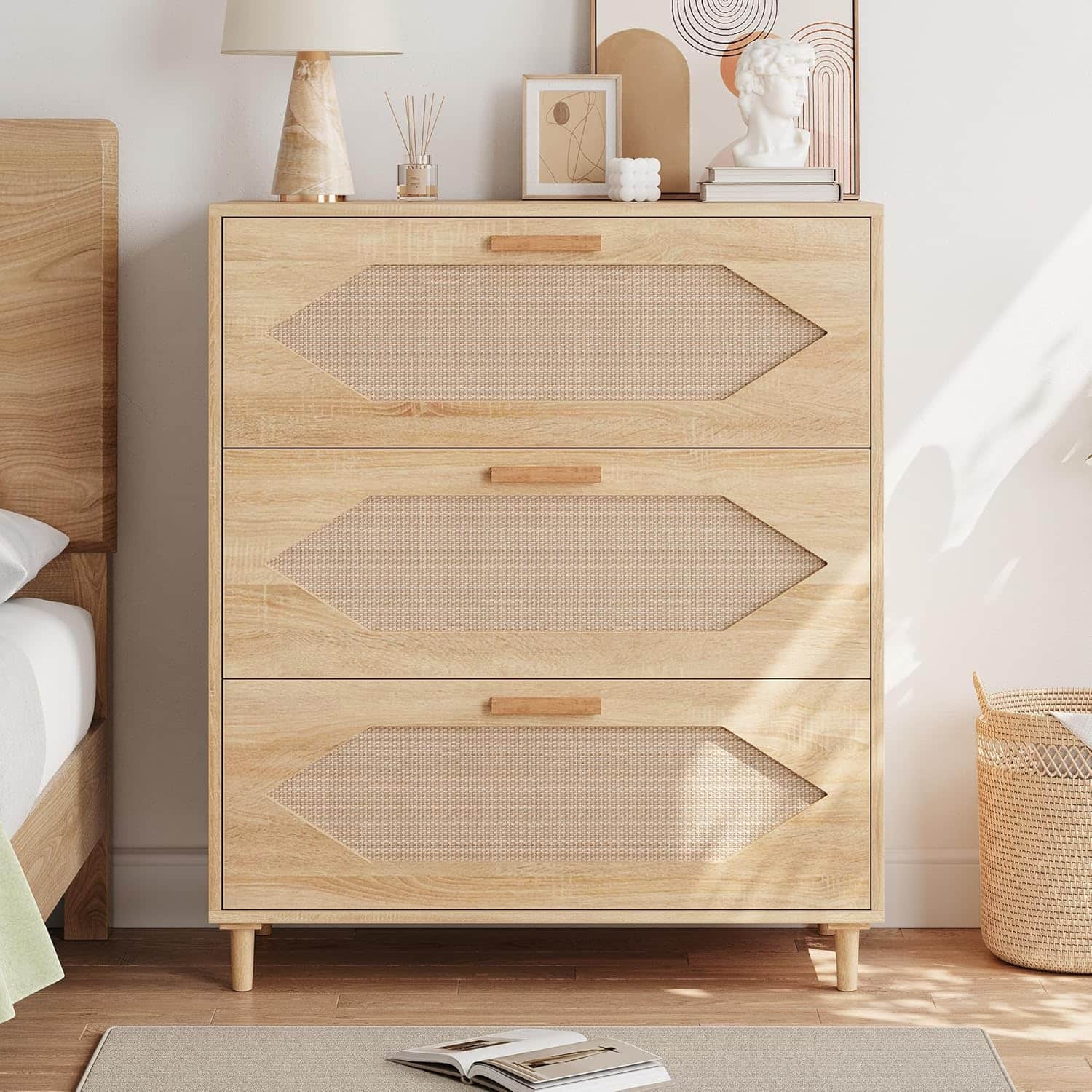 GARVEE - 3 Drawer Rattan Dresser for Bedroom, Rattan Modern Dresser Wood Chest of Drawers, Wooden Storage Cabinets for Bedrooms - ‎Natural