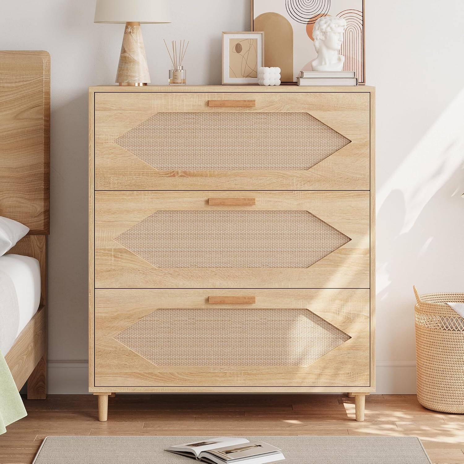 Angle. Qeetex - 3 Drawer Rattan Dresser for Bedroom, Rattan Modern Dresser Wood Chest of Drawers, Wooden Storage Cabinets for Bedrooms - ‎Natural.