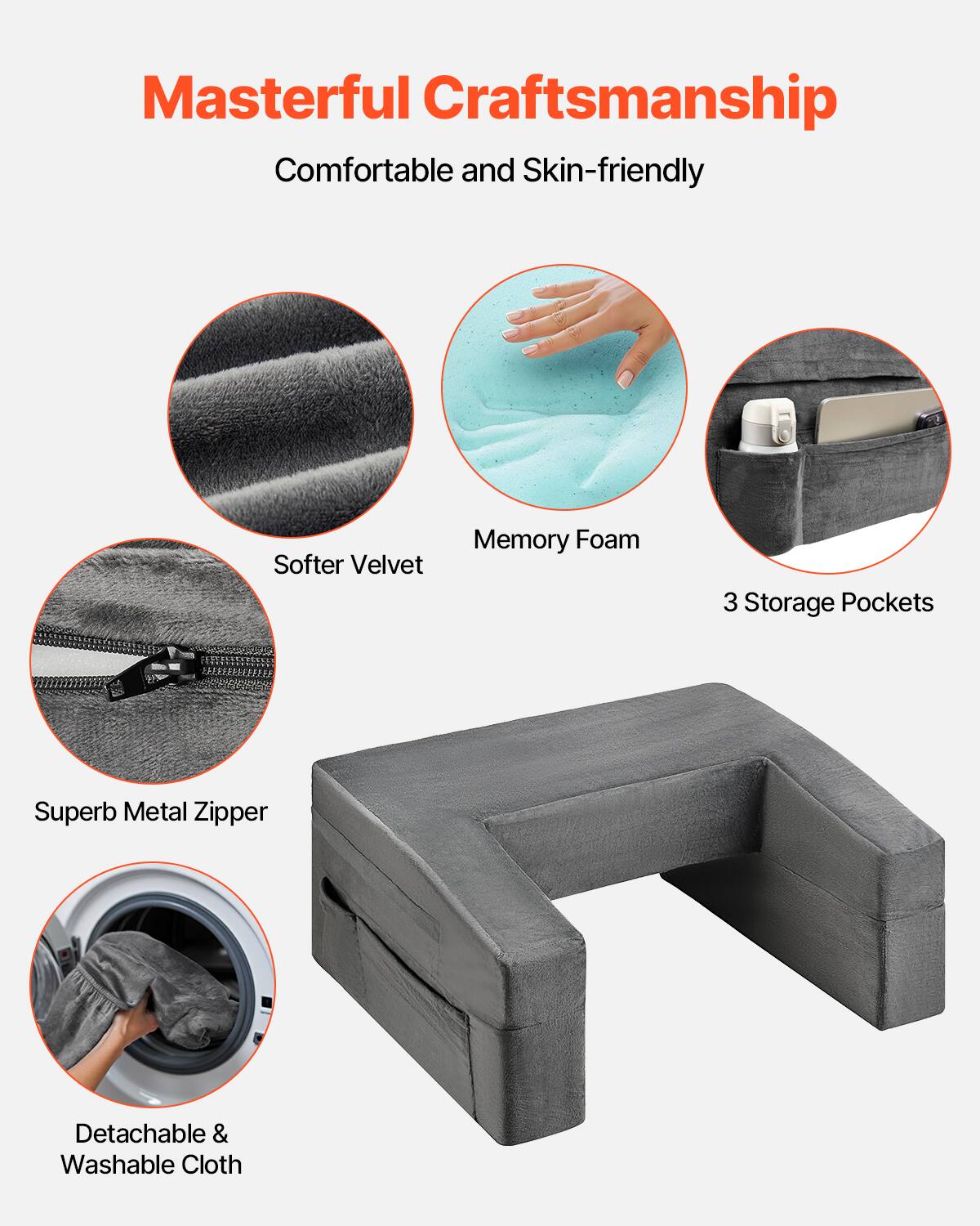 Masterful Craftsmanship  
Comfortable and Skin-friendly  

- Softer Velvet  
- Memory Foam  
- 3 Storage Pockets  
- Superb Metal Zipper  
- Detachable & Washable Cloth