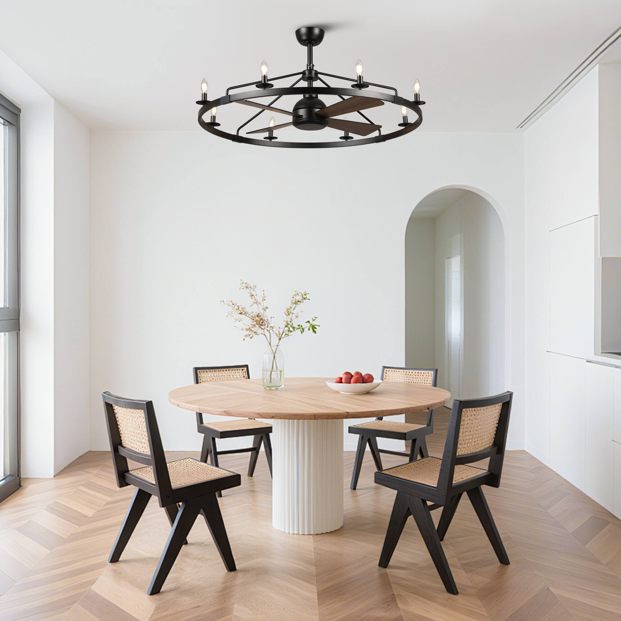 Angle. Vaczon - 43" Industrial Matte Black Caged Wagon Wheel Rustic Chandelier Ceiling Fan with Remote - Matte Black.