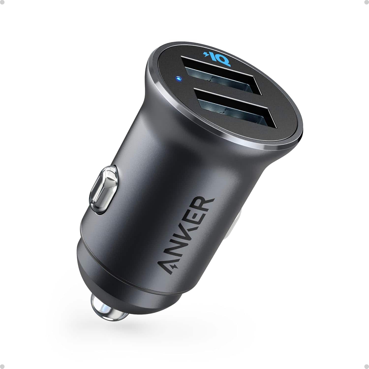 Anker - 320 Car Charger (24W II), Mini Aluminum Alloy Dual USB with Blue LED - Black