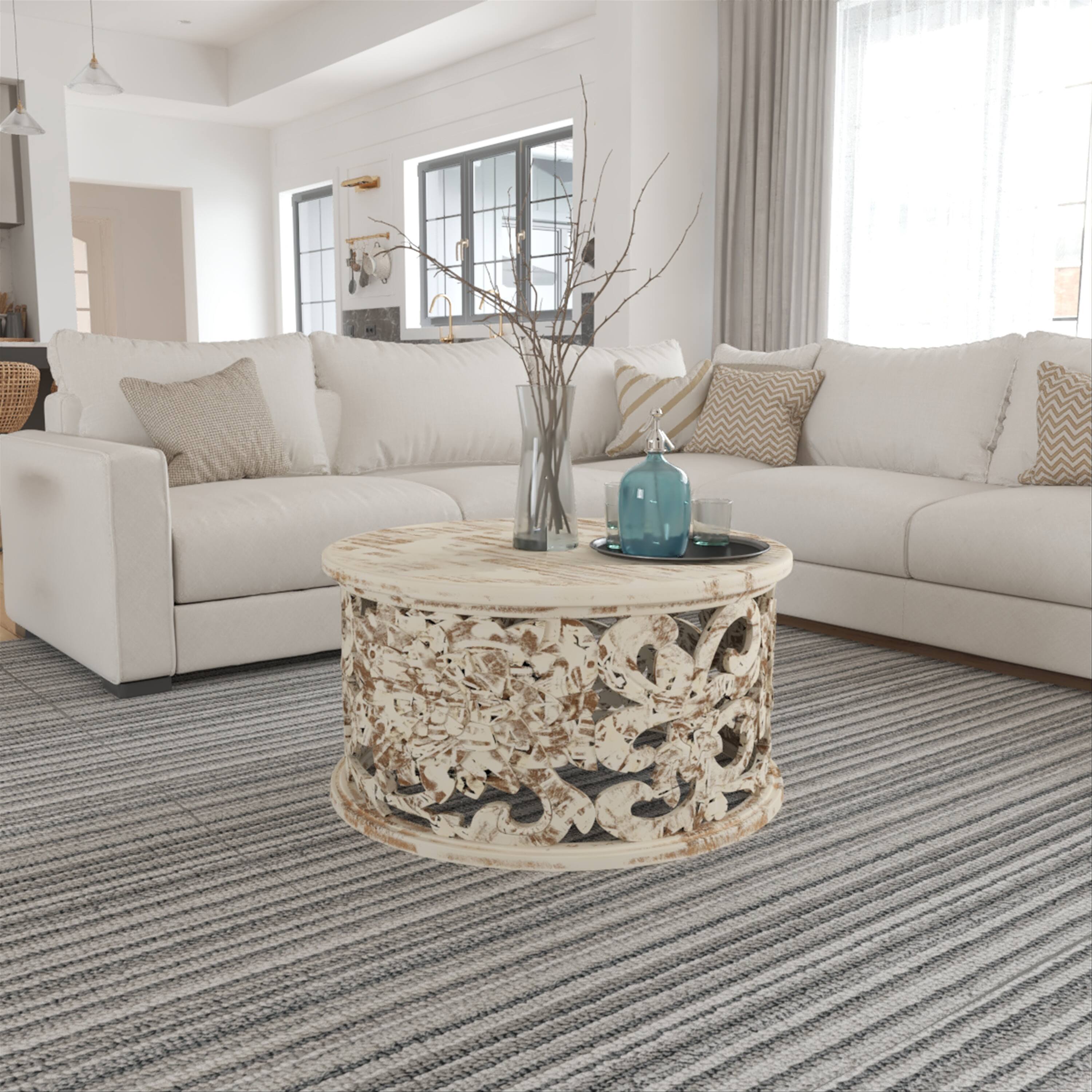 Alt View 7. Manhattan Lane - Alina Coffee Table Handcrafted Mango Wood Floral Carved Cut Out Design Distressed White Finish 33 Inch - White.