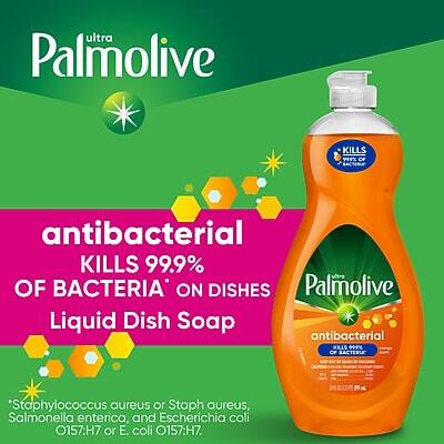Ultra Palmolive antibacterial kills 99.9% of bacteria on dishes. Palmolive Liquid Dish Soap antibacterial kills 99.9% of bacteria, including Staphylococcus aureus or Staph aureus, Salmonella enterica, and Escherichia coli O157:H7 or E. coli O157:H7.